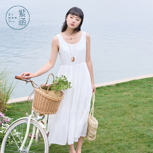 紫涵白色无袖背心连衣裙女夏季新款简约后背打揽圆领a字伞裙白裙