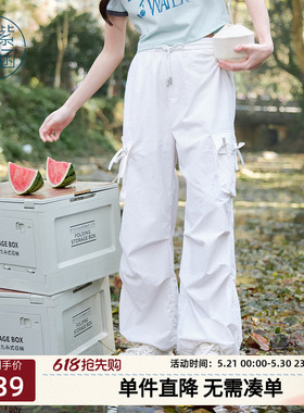 紫涵美式街头户外穿搭白色工装裤女士夏季新款蝴蝶结高腰直筒长裤