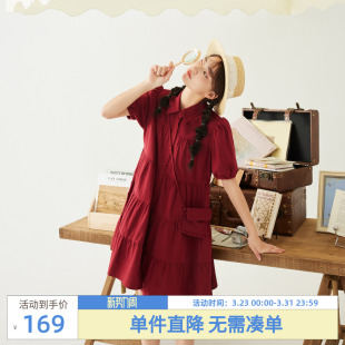 文艺甜美森系短袖 新款 单排扣宽松A字裙 连衣裙女夏季 紫涵印花衬衫