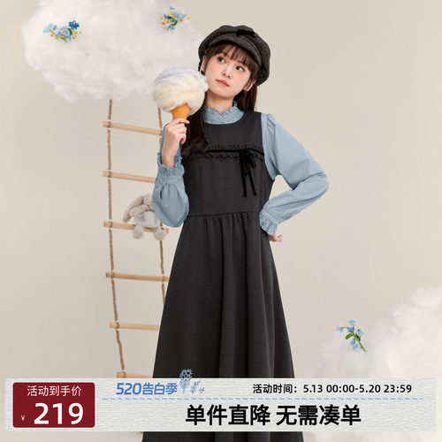 紫涵无袖背心连衣裙女冬季新款蝴蝶结甜美学院风叠穿中长款a字裙