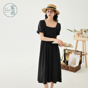 高腰A字中长裙 紫涵法式 复古打揽连衣裙女夏季 新款 甜美方领灯笼袖