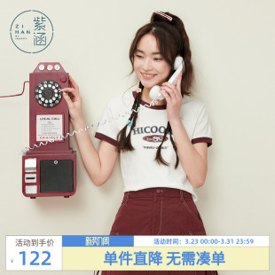 美式 新款 学院风字母印花圆领上衣 T恤女夏季 紫涵复古撞色白色短袖