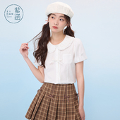 甜美减龄花苞袖 紫涵蓝条娃娃领蕾丝花边短袖 新款 女士夏季 衬衣 衬衫