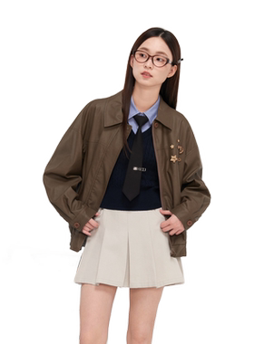 紫涵复古咖色翻领pu皮衣外套女秋季新款高级感通勤机车夹克上衣
