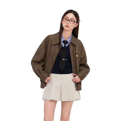 紫涵复古咖色翻领pu皮衣外套女秋季新款高级感通勤机车夹克上衣