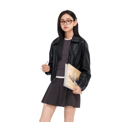 紫涵复古短款pu皮衣外套女秋季新款通勤机车风宽松翻领夹克上衣