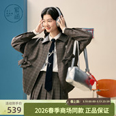 紫涵翻领pu皮衣外套女2026年春季 复古两侧蝴蝶结宽松夹克上衣 新款