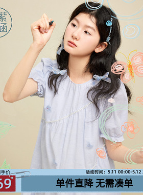 紫涵白色花朵泡泡袖连衣裙女夏季新款甜美减龄多巴胺a字娃娃裙子