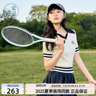 女2025年夏季 海军风短款 紫涵撞色针织POLO衫 新款 T恤 修身 显瘦短袖