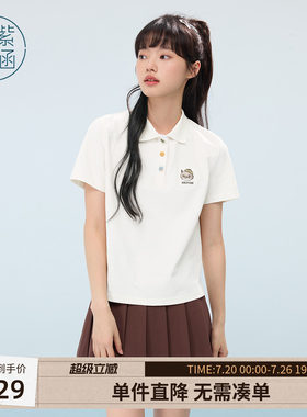 紫涵polo领短袖T恤女夏季新款学院风小个子猫咪刺绣白色休闲上衣