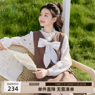 紫涵可露丽风长袖打底衫咖色v领蝴蝶结连衣裙两件套装女秋季新款
