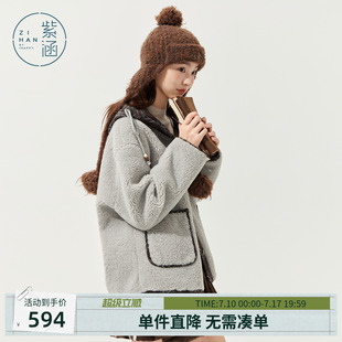 紫涵短款灰色仿羊羔毛连帽外套女冬季新款格纹撞色小个子宽松上衣