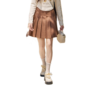 紫涵红格子百褶裙女秋季新款复古学院风休闲高腰显瘦A字半身短裙