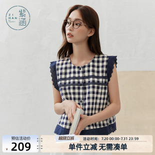 小衫 紫涵格纹蕾丝花边衬衫 甜美宽松纯棉圆领小飞袖 女2025夏季 新款