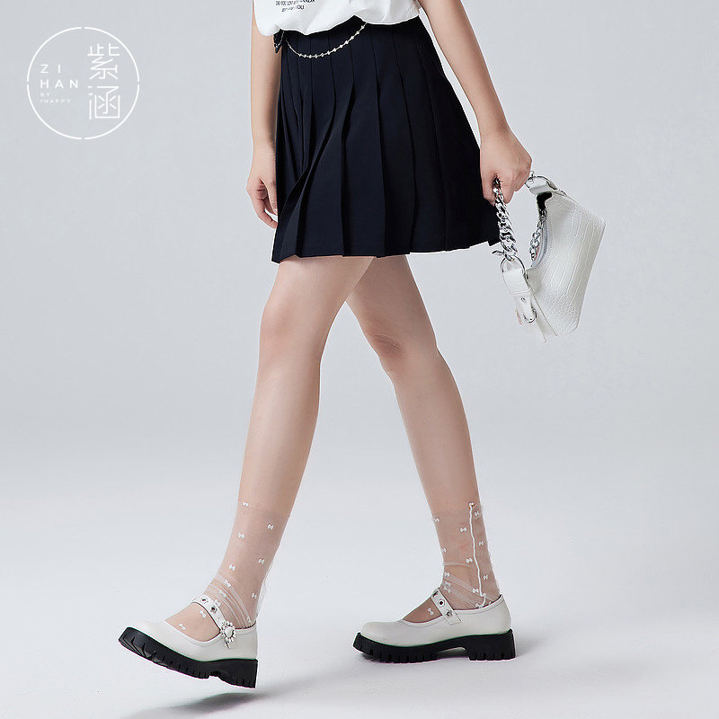 紫涵高腰百褶裙女半身裙夏季新款花朵链条小众jk短裙甜美A字下裙