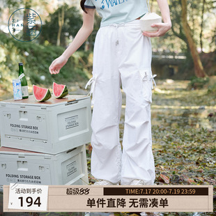 紫涵美式街头户外穿搭白色工装裤女士夏季新款蝴蝶结高腰直筒长裤