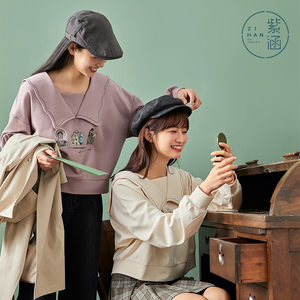 紫涵学院风翻领卫衣女2022秋季新款甜美波浪领贴布刺绣长袖上衣