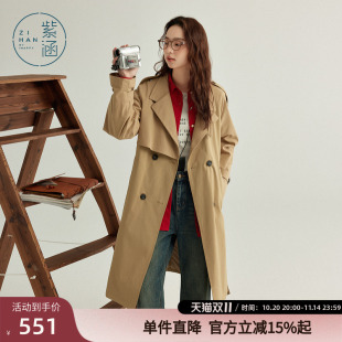宽松插肩袖 紫涵复古英伦风翻驳领风衣女春秋季 中长款 经典 外套 新款