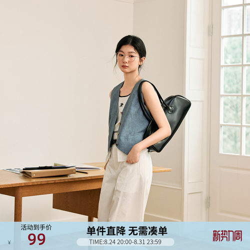 紫涵撞色拼接下摆马甲背心女女夏季新款复古简约通勤叠穿无袖上衣