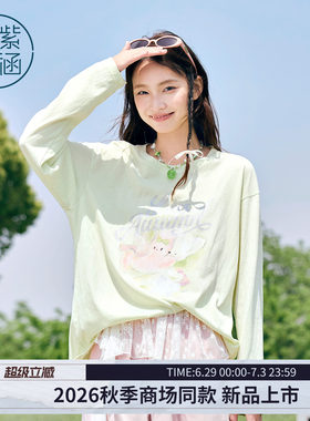 紫涵宽松彩绣兔子长袖T恤女2026夏秋季新款杂色花纱微透薄款罩衫