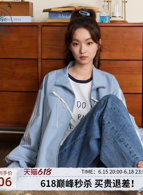 紫涵短款立领蓝色外套女秋季新款甜美蝴蝶结宽松休闲拉链长袖上衣