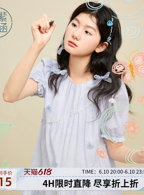 紫涵白色花朵泡泡袖连衣裙女夏季新款甜美减龄多巴胺a字娃娃裙子