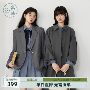 紫涵羊毛翻驳领深灰休闲西装女士秋季新款高智简约单排扣灰色外套