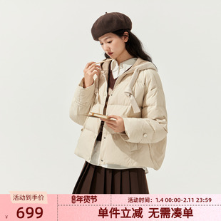 紫涵短款连帽羽绒服女2025年冬季新款格纹内衬小个子米色鸭绒外套
