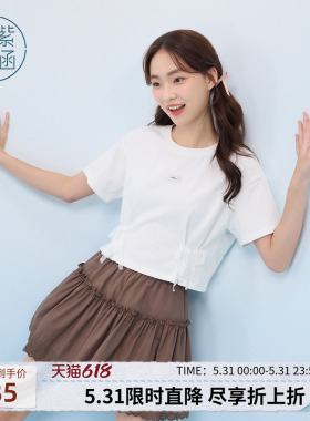 紫涵短款蕾丝蝴蝶结短袖T恤女士夏季新款设计感白色正肩圆领上衣