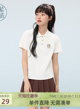 紫涵polo领短袖T恤女夏季新款学院风小个子猫咪刺绣白色休闲上衣