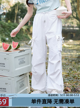 紫涵美式街头户外穿搭白色工装裤女士夏季新款蝴蝶结高腰直筒长裤