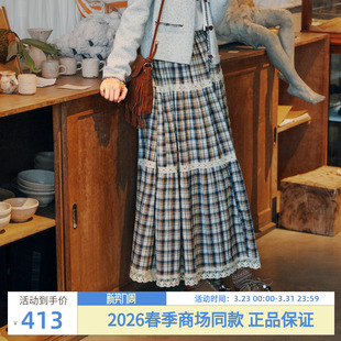 紫涵格纹蕾丝拼接半身裙女2026春季 复古波西米亚风宽松a字裙 新款