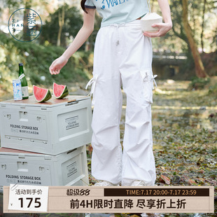 紫涵美式街头户外穿搭白色工装裤女士夏季新款蝴蝶结高腰直筒长裤