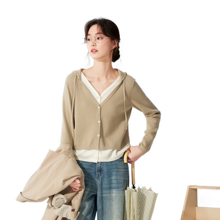 紫涵假两件连帽针织开衫女秋季新款设计感休闲长袖V领修身短上衣