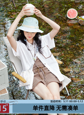 紫涵竖条纹短袖衬衫女士夏季新款美式户外风休闲百搭宽松白色上衣