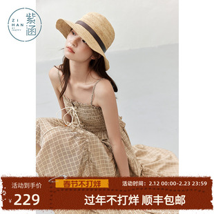 紫涵吊带咖色格子连衣裙女士夏季新款文艺复古松紧打揽高收腰长裙