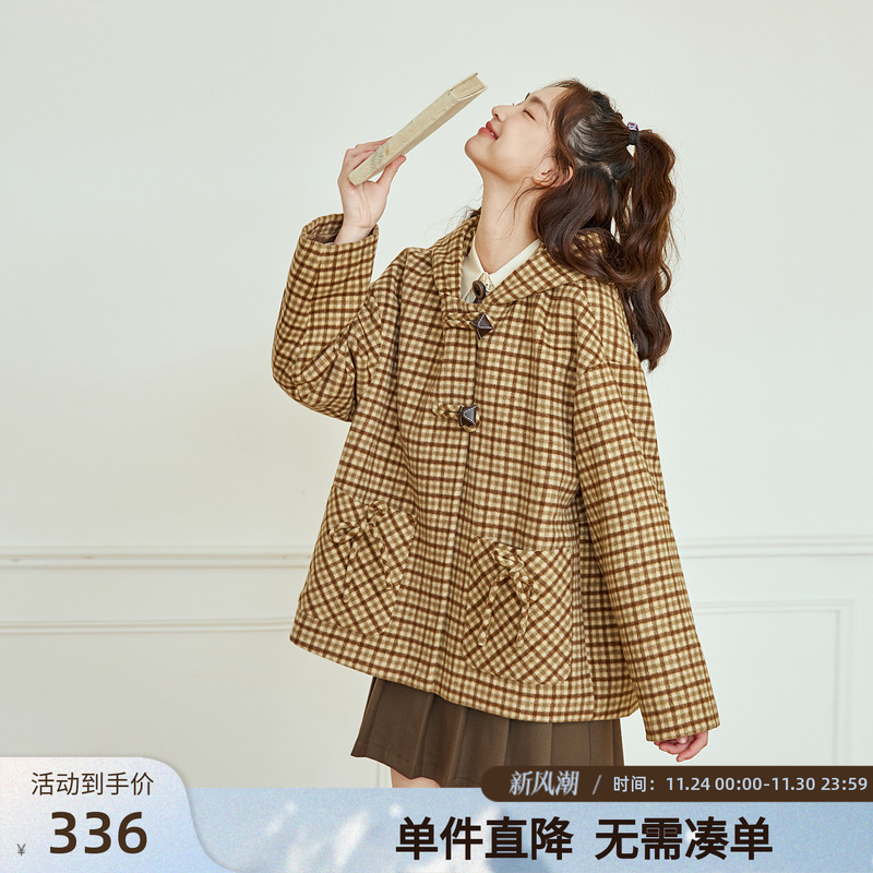 紫涵咖色格纹连帽毛呢大衣女冬季新款学院风甜美小个子毛绒外套