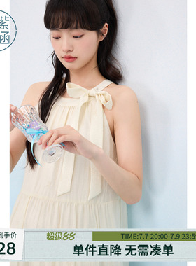 紫涵蓝色无袖挂脖蝴蝶结连衣裙女士夏季新款甜美度假宽松显瘦长裙
