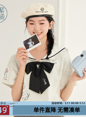 紫涵航海军领印花白色T恤女士夏季学院风蝴蝶结减龄宽松短袖上衣