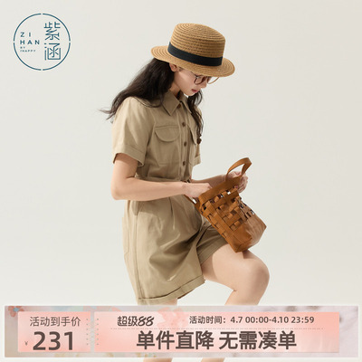 紫涵工装风卡其色牛仔连体短裤女夏季新款日系宽松卷边短袖一体裤