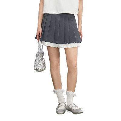 紫涵双层拼接百褶裙女夏季新款学院风休闲A字高腰短裙半身下裙子