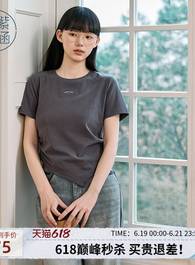 紫涵不规则白色圆领短袖T恤女夏季新款腰间系带收腰显瘦正肩上衣