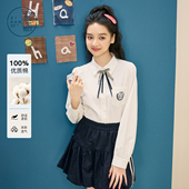 好物体验专享 紫涵100%纯棉藏青格纹衬衫 女2026春季 新款 学院风