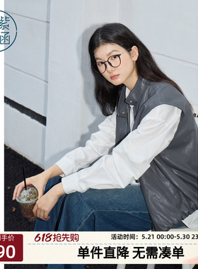 紫涵立领pu皮衣马甲女2026春季新款复古微皱宽松叠穿灰色马夹背心