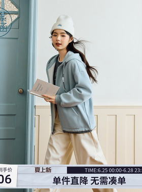 紫涵蓝色连帽抽绳卫衣外套女士冬季新款宽松简约通勤休闲拉链上衣