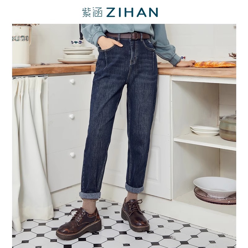 紫涵直筒百搭牛仔裤女秋冬季复古风百搭配腰带高腰显瘦修身长裤子