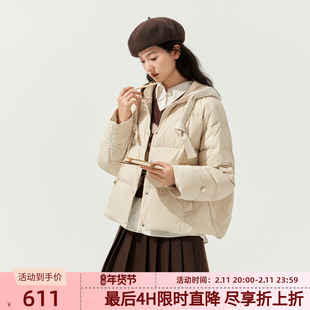 紫涵短款连帽羽绒服女2025年冬季新款格纹内衬小个子米色鸭绒外套