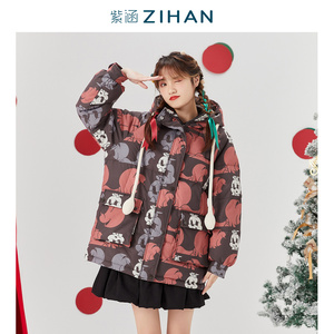 清仓 紫涵加厚羽绒服女原创IP印花白鸭绒上衣贺岁棉服外套中长款