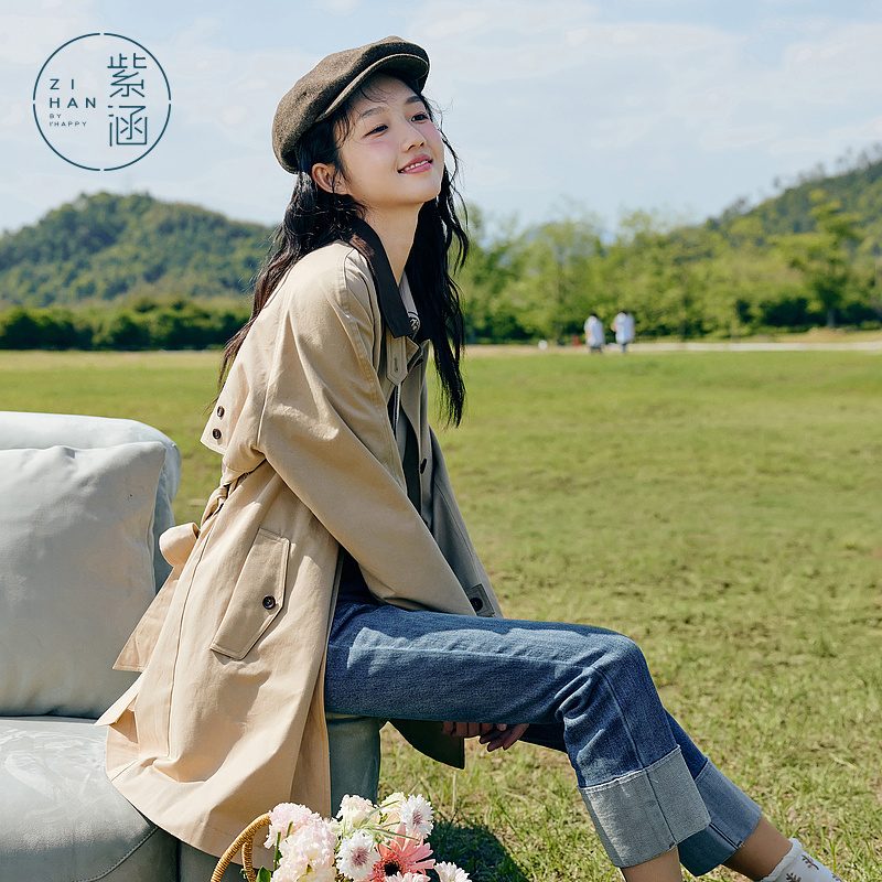 紫涵a字版型撞色风衣外套女秋季中长款上衣衬衫领一排扣时尚简约