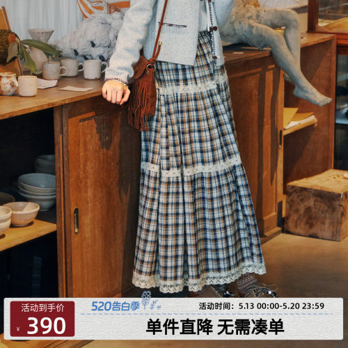 紫涵格纹蕾丝拼接半身裙女2026春季新款复古波西米亚风宽松a字裙